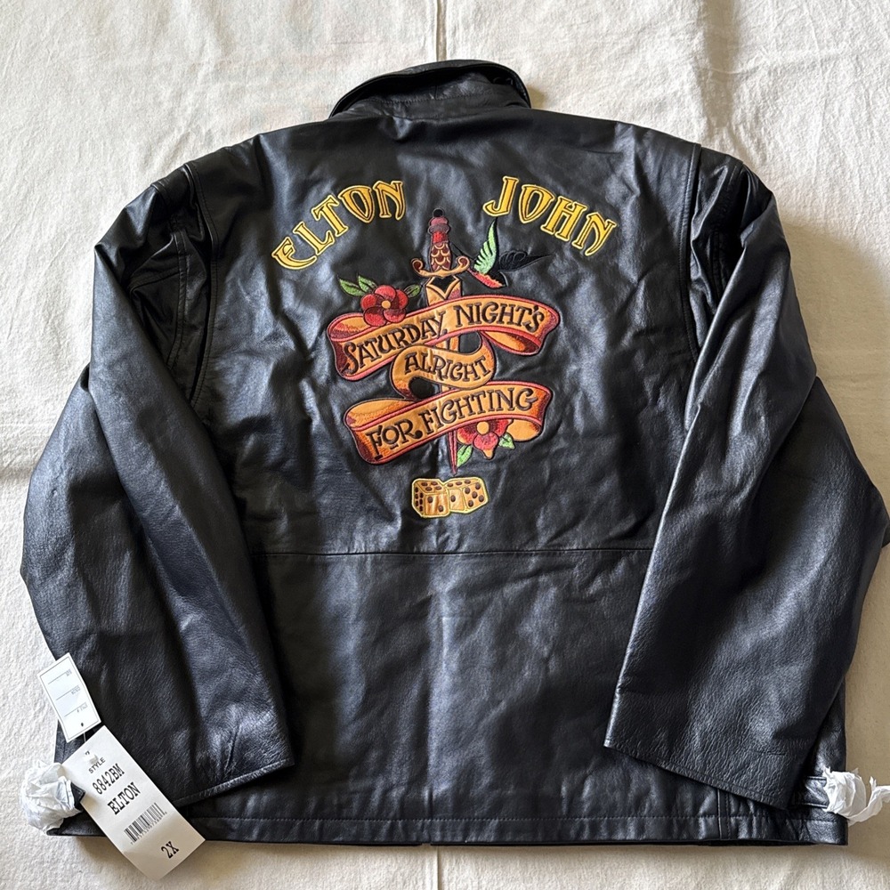 Vintage Elton John Saturday Night's Alright World Tour Black Leather Jacket XXL